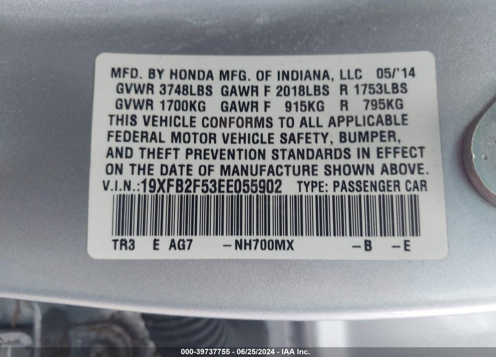 2014 HONDA CIVIC LX VIN: 19XFB2F53EE055902
