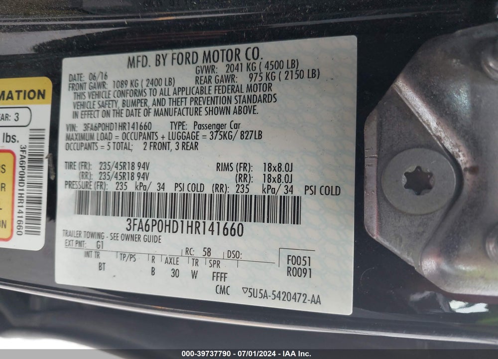 2017 FORD FUSION SE VIN: 3FA6P0HD1HR141660