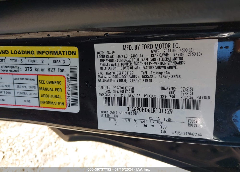 2020 FORD FUSION VIN: 3FA6P0HD6LR101129