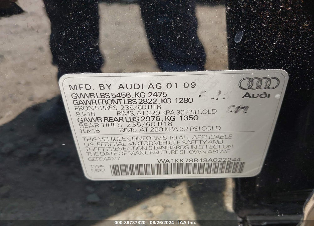 2009 AUDI Q5 3.2 PREMIUM VIN: WA1KK78R49A022244
