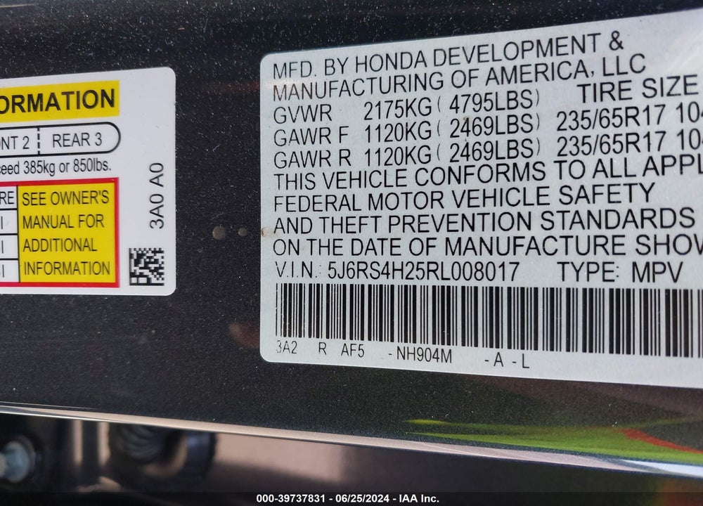 2024 HONDA CR-V LX AWD VIN: 5J6RS4H25RL008017