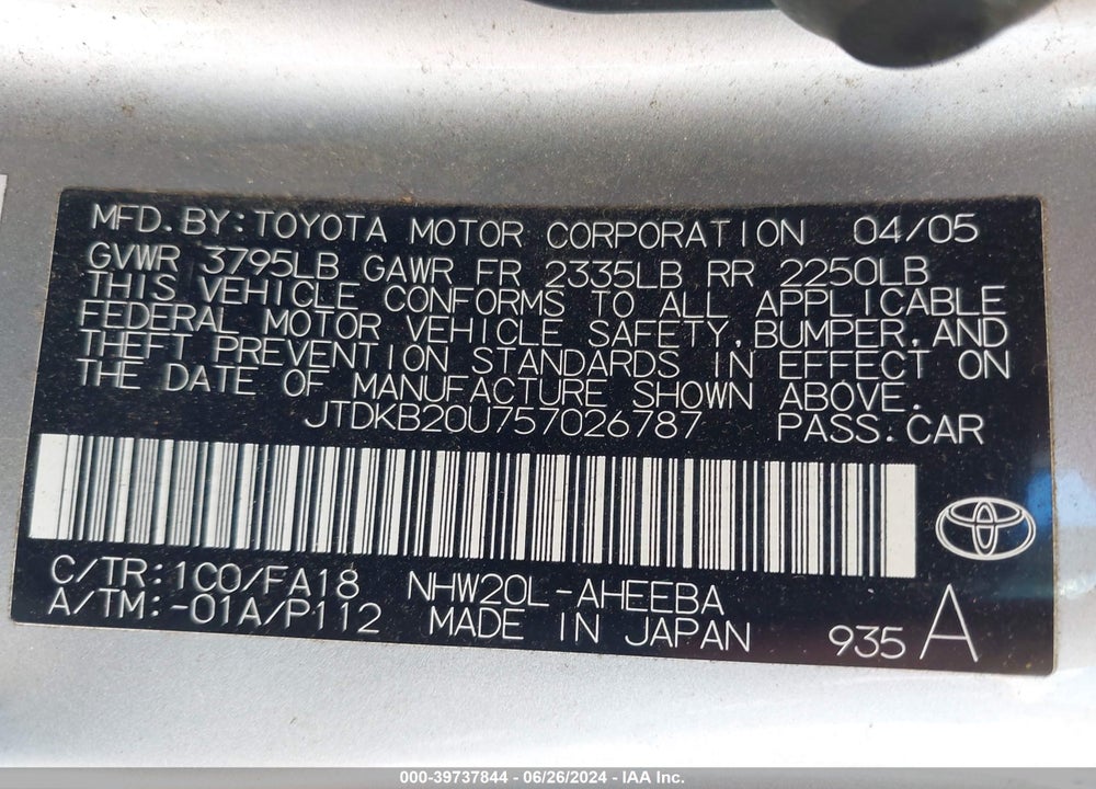 2005 TOYOTA PRIUS VIN: JTDKB20U757026787