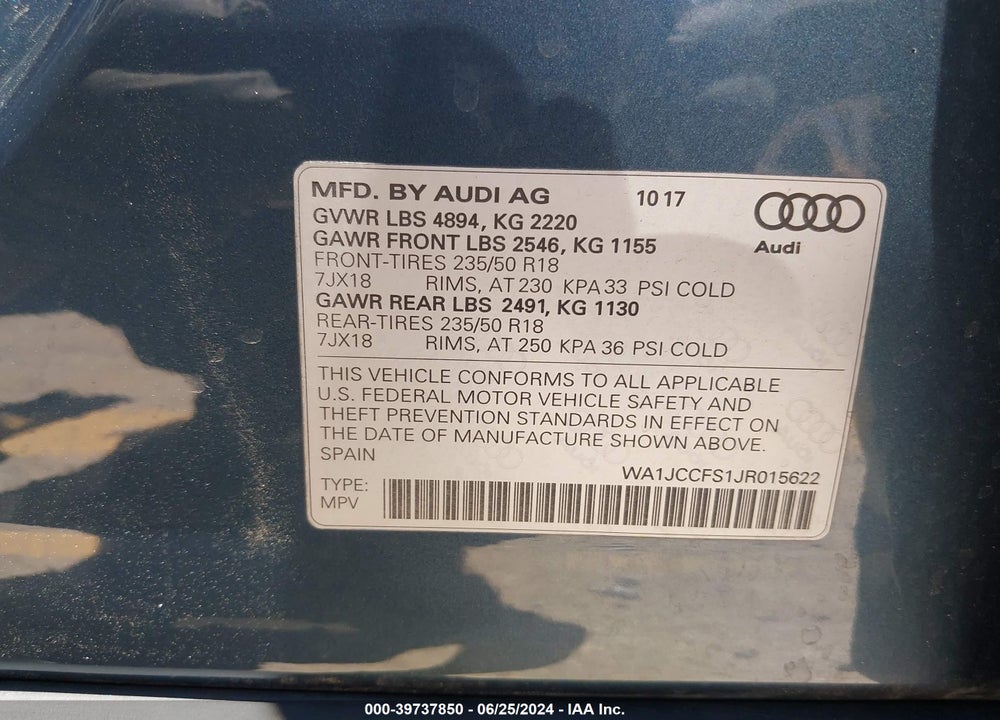 2018 AUDI Q3 2.0T PREMIUM/2.0T SPORT PREMIUM VIN: WA1JCCFS1JR015622