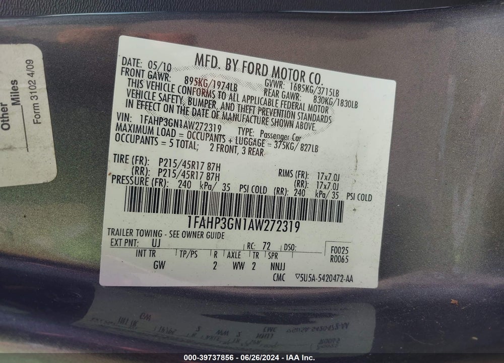 2010 FORD FOCUS SES VIN: 1FAHP3GN1AW272319