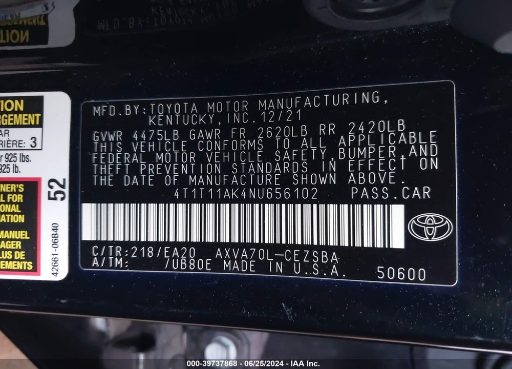 2022 TOYOTA CAMRY SE VIN: 4T1T11AK4NU656102