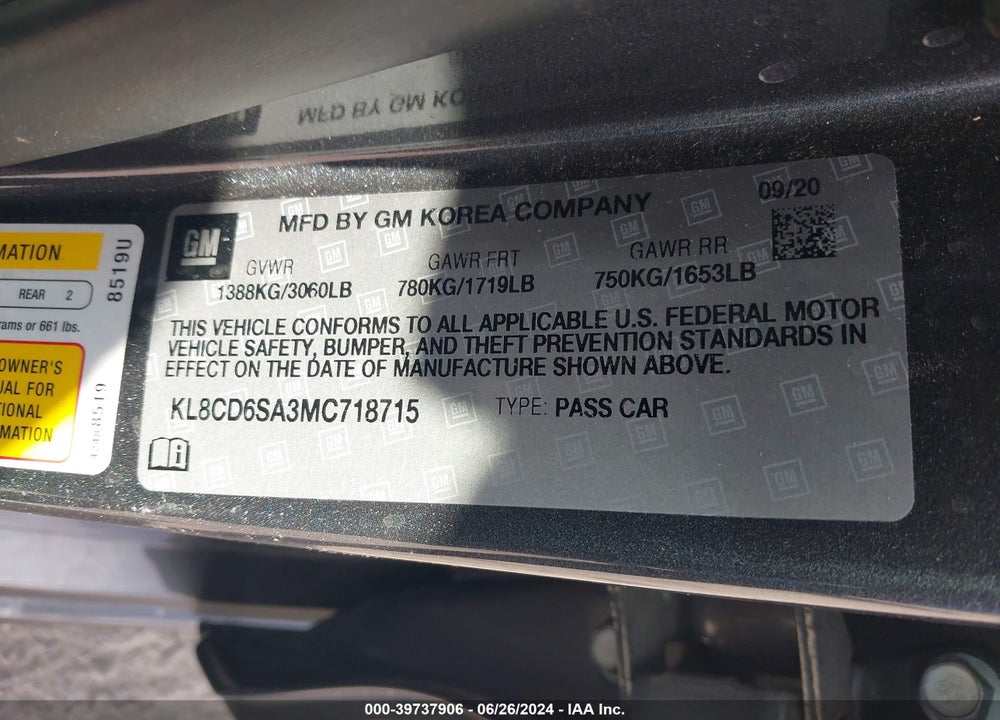 2021 CHEVROLET SPARK FWD 1LT AUTOMATIC VIN: KL8CD6SA3MC718715