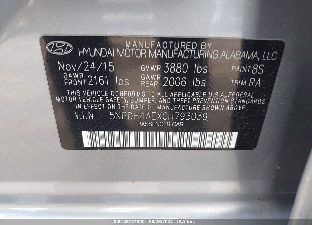 2016 HYUNDAI ELANTRA SE VIN: 5NPDH4AEXGH793039