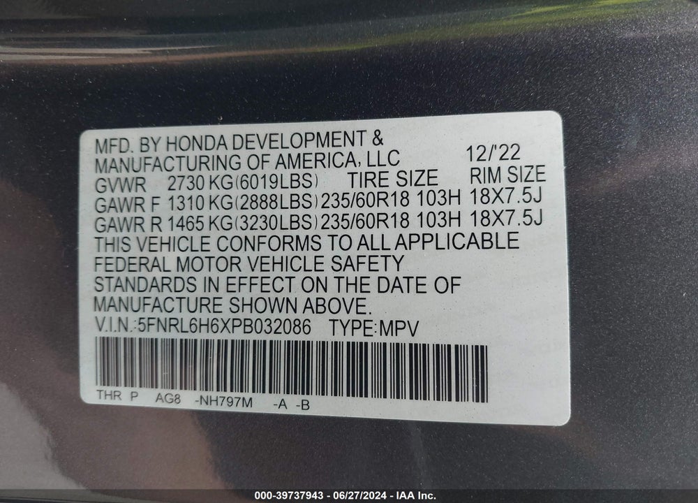 2023 HONDA ODYSSEY EX-L VIN: 5FNRL6H6XPB032086