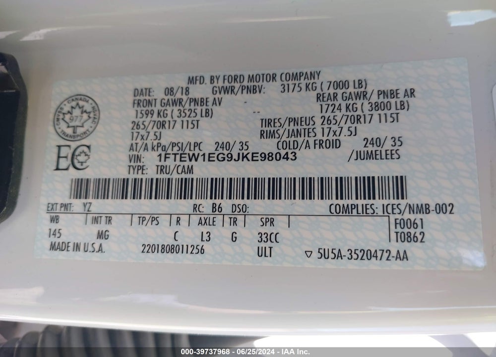 2018 FORD F-150 XLT VIN: 1FTEW1EG9JKE98043