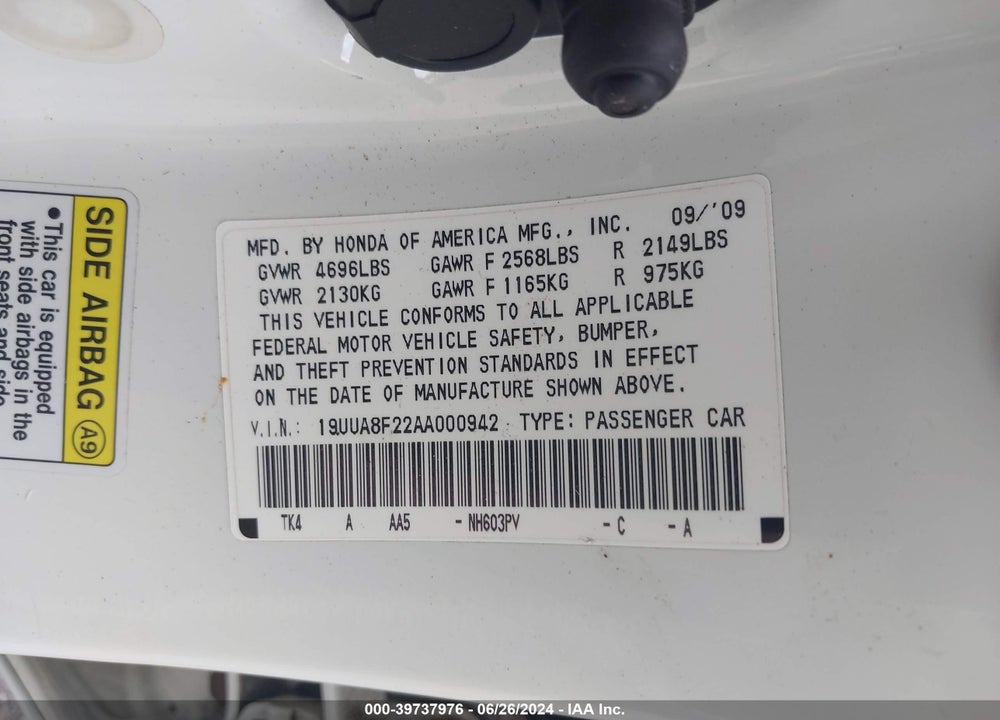 2010 ACURA TL 3.5 VIN: 19UUA8F22AA000942