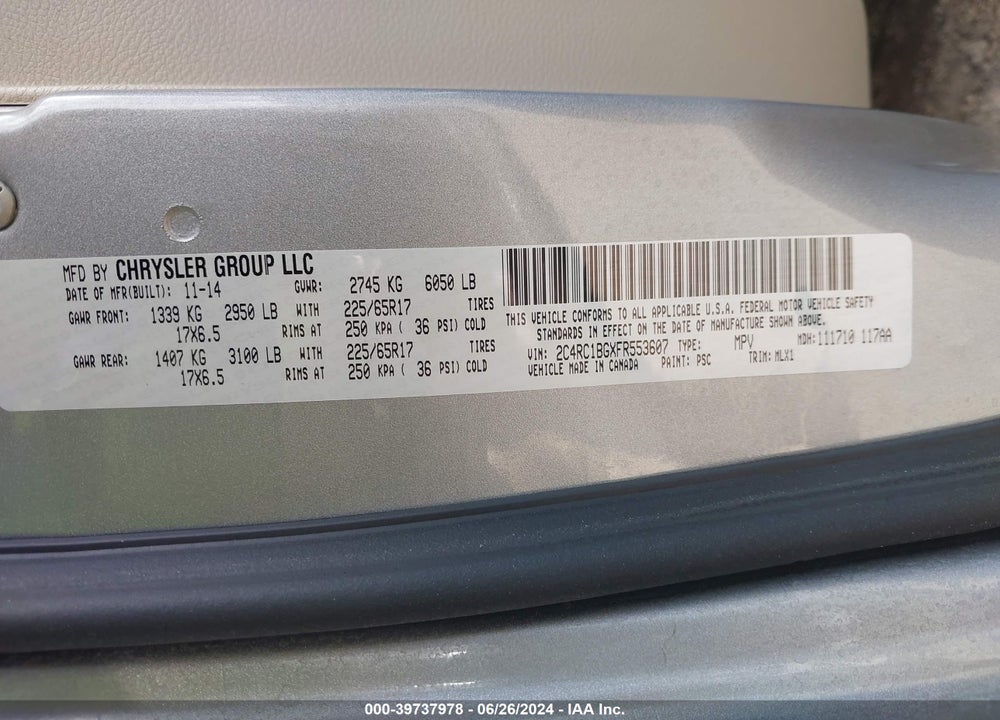 2015 CHRYSLER TOWN & COUNTRY TOURING VIN: 2C4RC1BGXFR553607