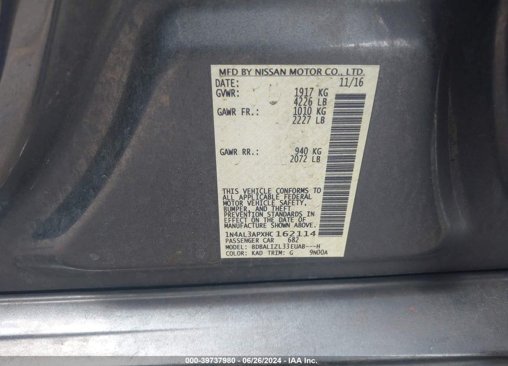 2017 NISSAN ALTIMA 2.5 SV VIN: 1N4AL3APXHC162114