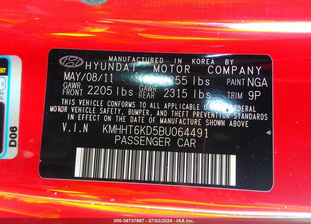 2011 HYUNDAI GENESIS 2.0T VIN: KMHHT6KD5BU064491