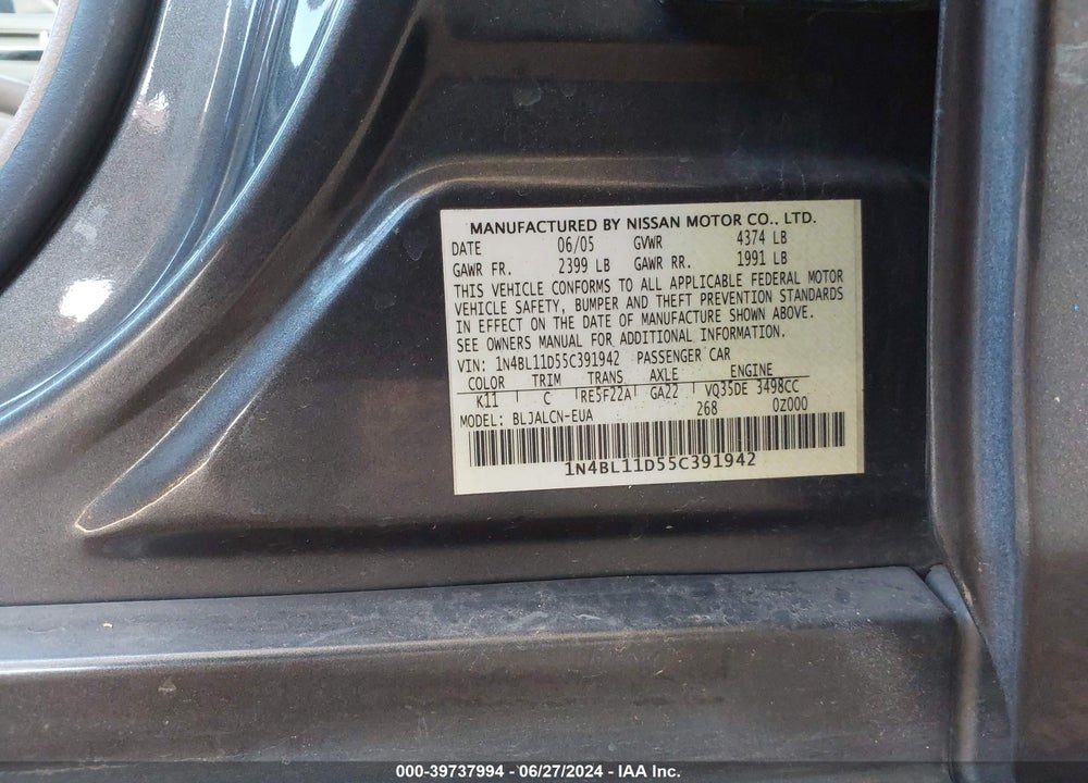 2005 NISSAN ALTIMA 3.5 SE VIN: 1N4BL11D55C391942