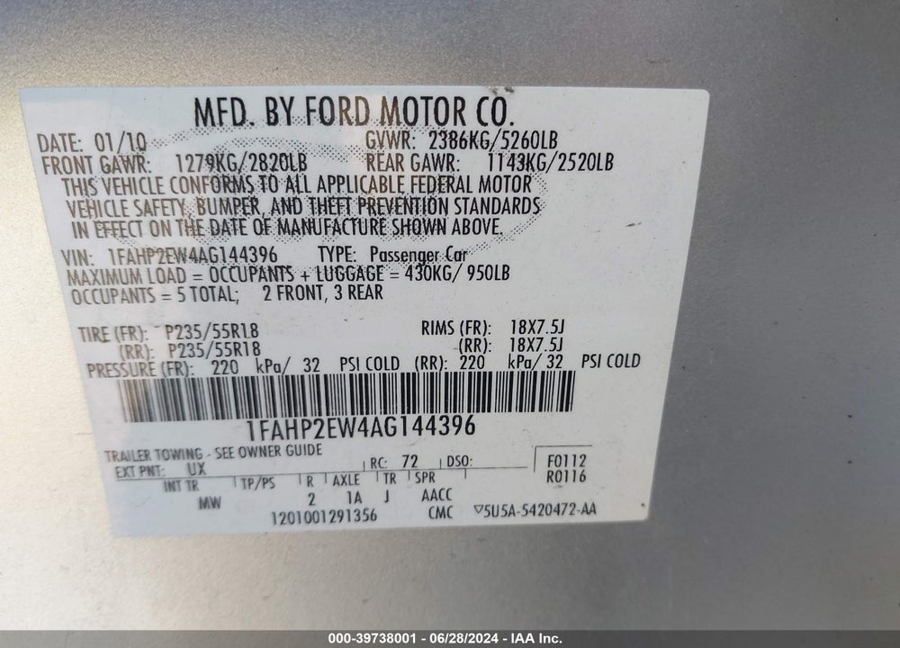 2010 FORD TAURUS SEL VIN: 1FAHP2EW4AG144396