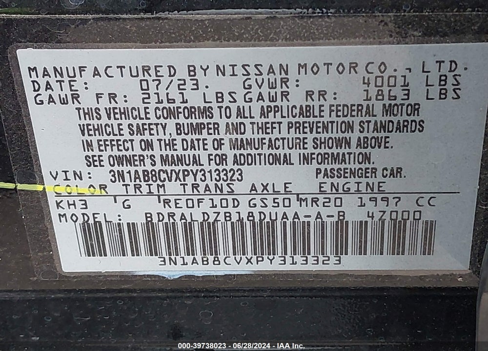 2023 NISSAN SENTRA SV XTRONIC CVT VIN: 3N1AB8CVXPY313323