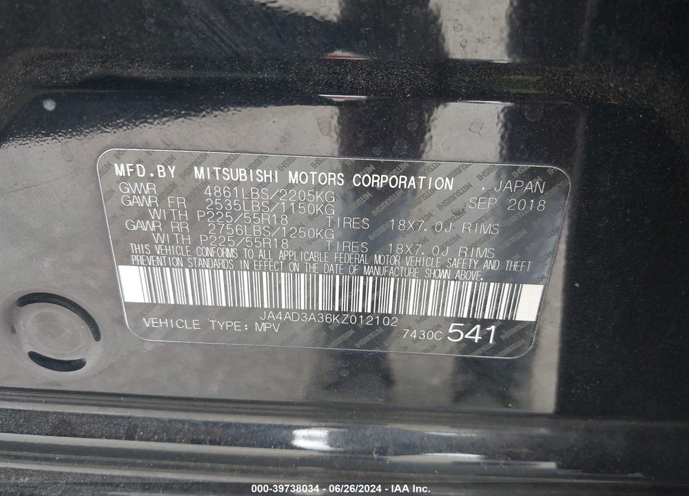 2019 MITSUBISHI OUTLANDER SEL VIN: JA4AD3A36KZ012102