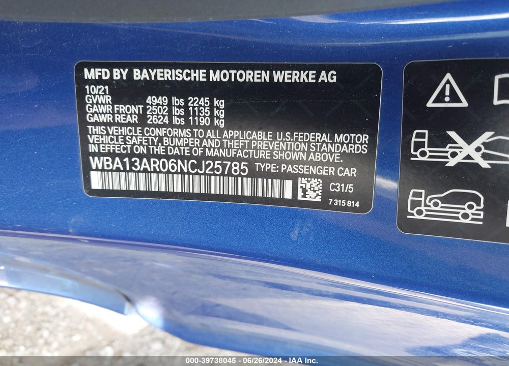 2022 BMW M440I XDRIVE VIN: WBA13AR06NCJ25785