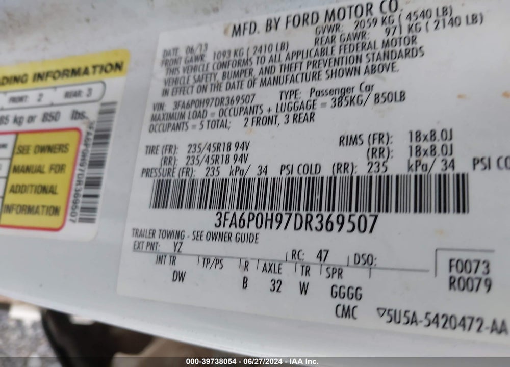 2013 FORD FUSION SE VIN: 3FA6P0H97DR369507