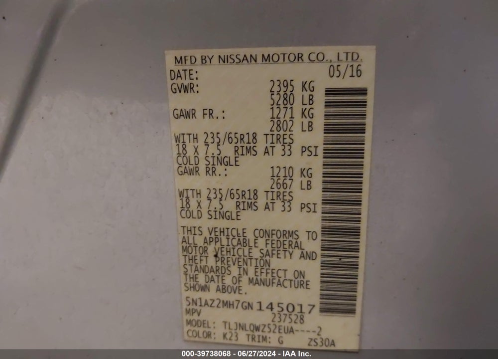 2016 NISSAN MURANO SV VIN: 5N1AZ2MH7GN145017