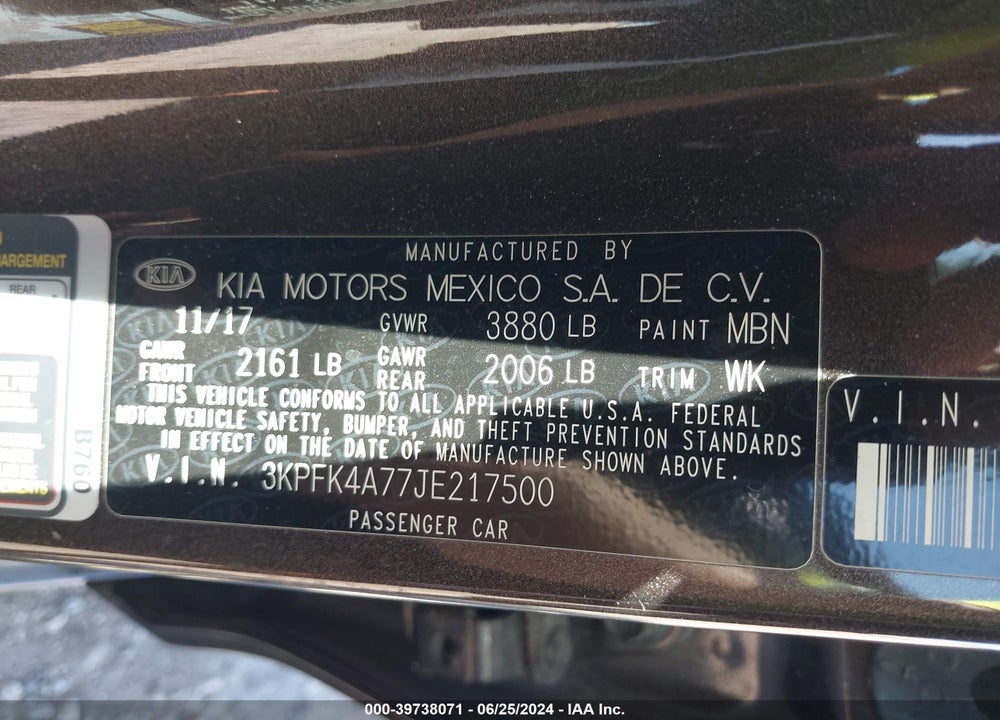 2018 KIA FORTE VIN: 3KPFK4A77JE217500