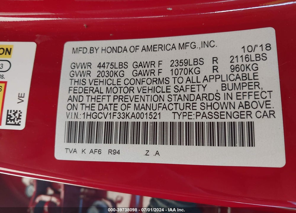 2019 HONDA ACCORD SPORT VIN: 1HGCV1F33KA001521