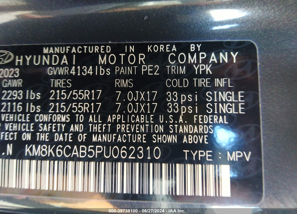 2023 HYUNDAI KONA SEL VIN: KM8K6CAB5PU062310