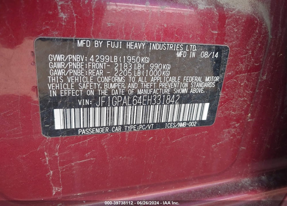2014 SUBARU IMPREZA 2.0I SPORT PREMIUM VIN: JF1GPAL64EH331842