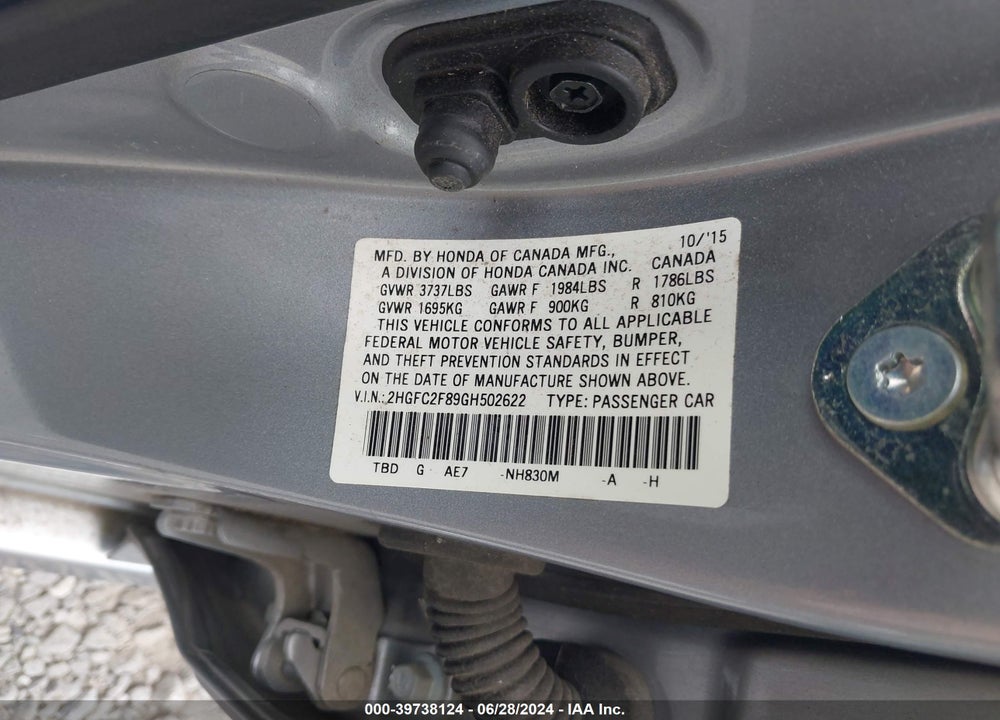 2016 HONDA CIVIC EX VIN: 2HGFC2F89GH502622