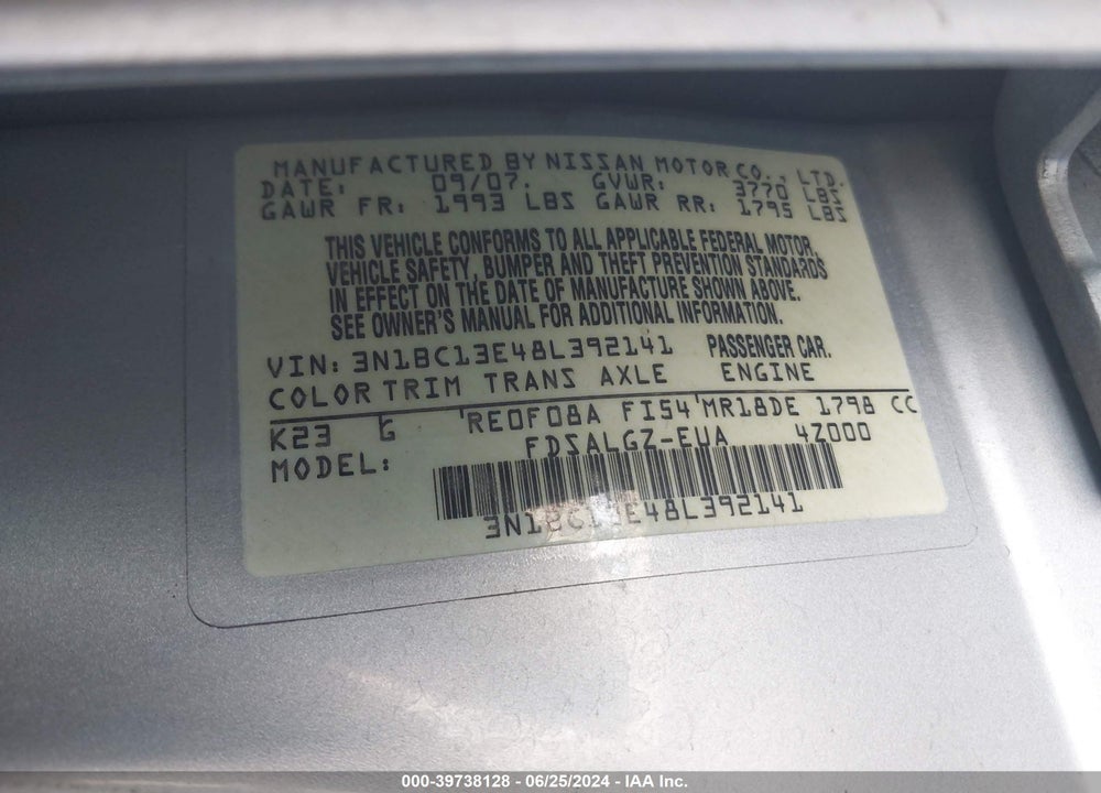 2008 NISSAN VERSA 1.8SL VIN: 3N1BC13E48L392141