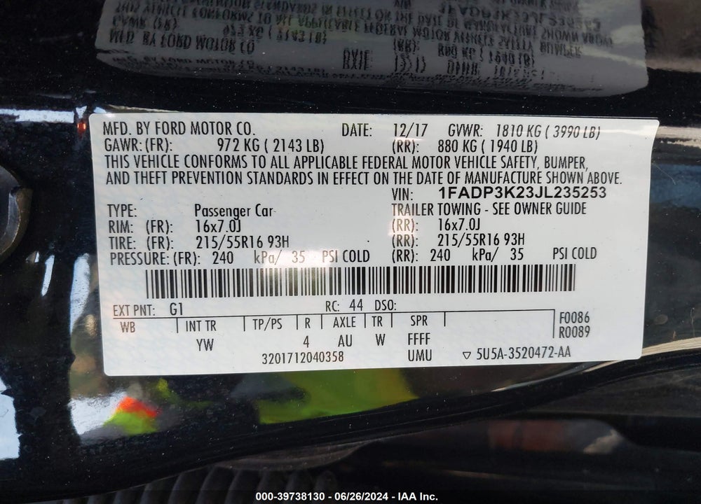 2018 FORD FOCUS SE VIN: 1FADP3K23JL235253