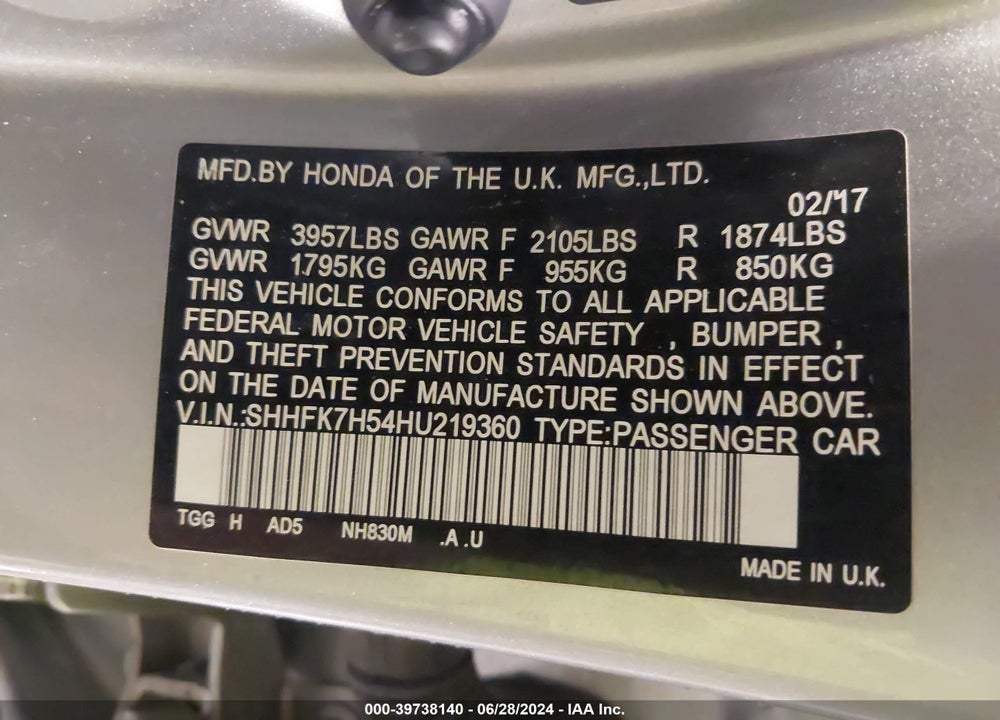 2017 HONDA CIVIC EX VIN: SHHFK7H54HU219360