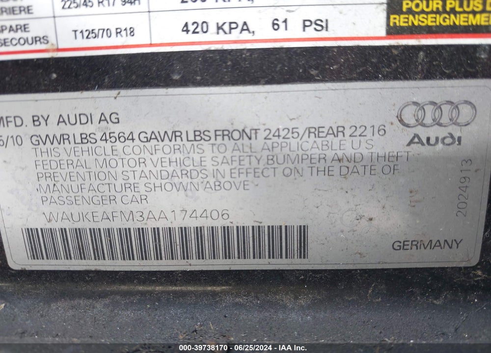 2010 AUDI A3 2.0T PREMIUM VIN: WAUKEAFM3AA174406