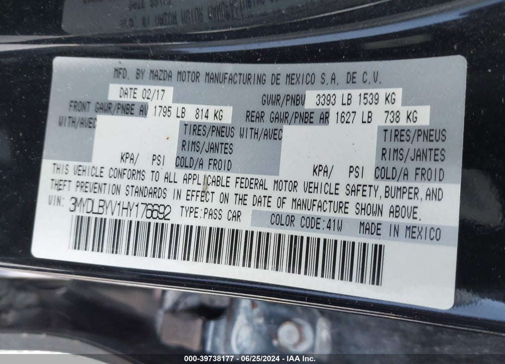 2017 TOYOTA YARIS IA VIN: 3MYDLBYV1HY176692