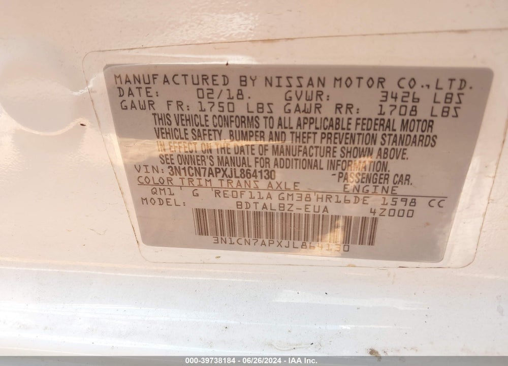 2018 NISSAN VERSA 1.6 SV VIN: 3N1CN7APXJL864130