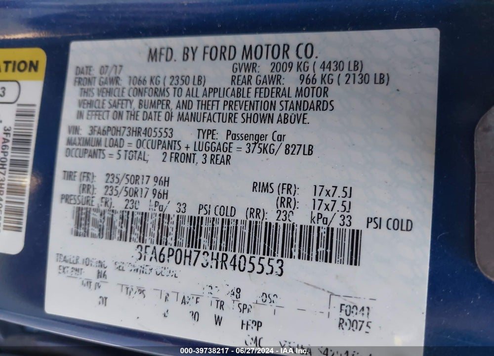 2017 FORD FUSION SE VIN: 3FA6P0H73HR405553