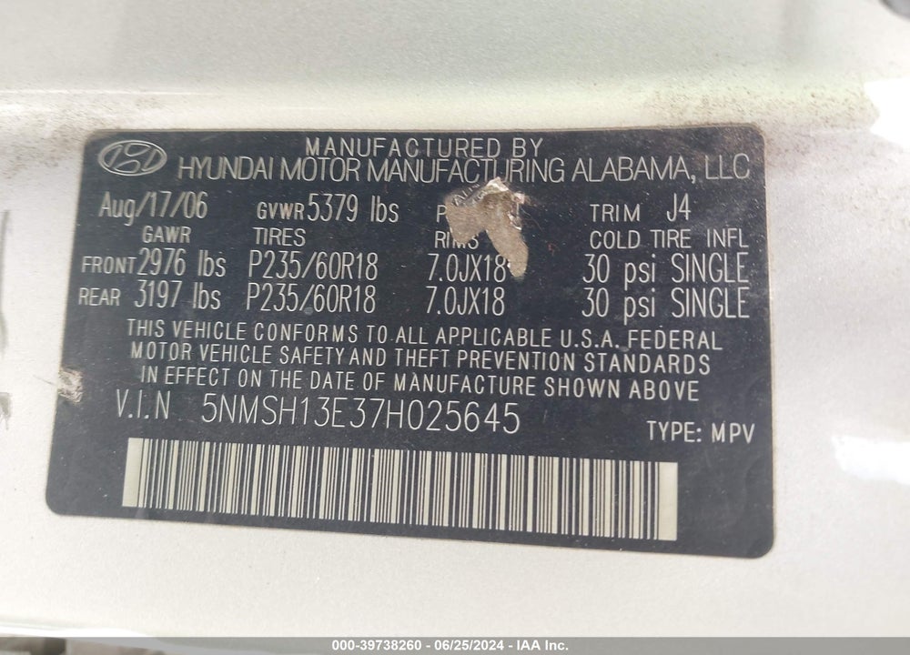 2007 HYUNDAI SANTA FE LIMITED/SE VIN: 5NMSH13E37H025645
