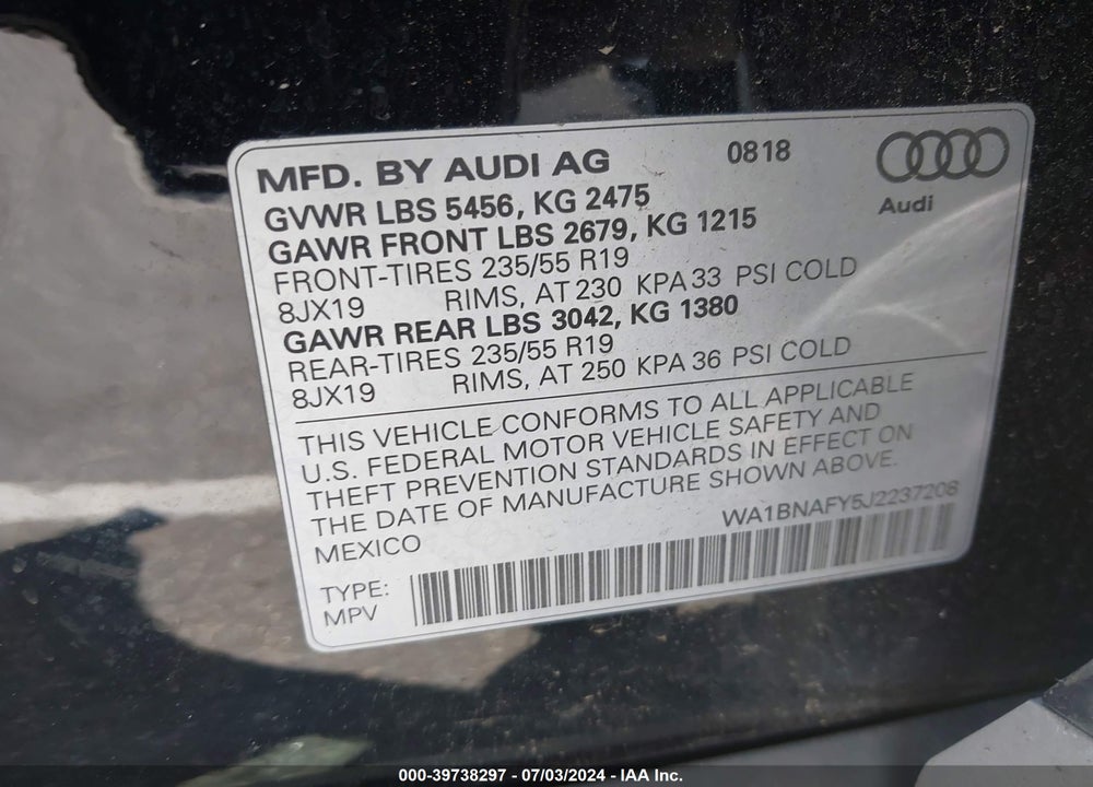 2018 AUDI Q5 2.0T PREMIUM/2.0T TECH PREMIUM VIN: WA1BNAFY5J2237208