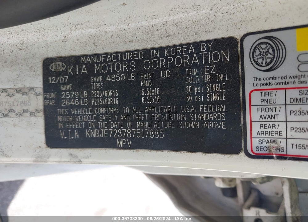 2008 KIA SPORTAGE LX V6 VIN: KNDJE723787517885