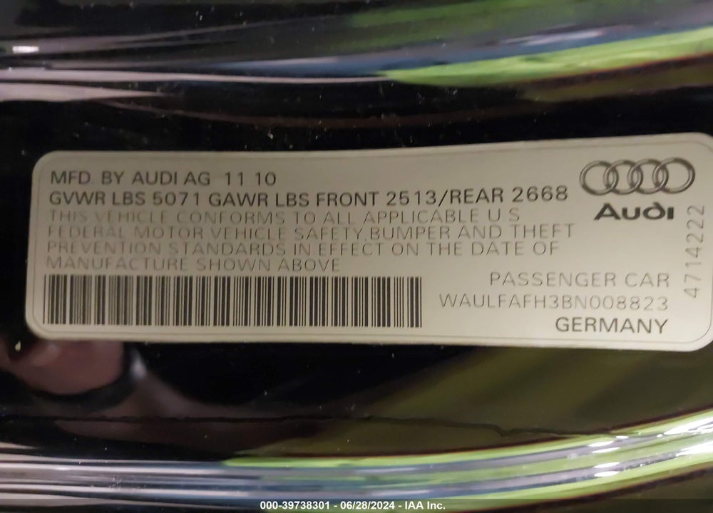 2011 AUDI A5 2.0T PREMIUM VIN: WAULFAFH3BN008823
