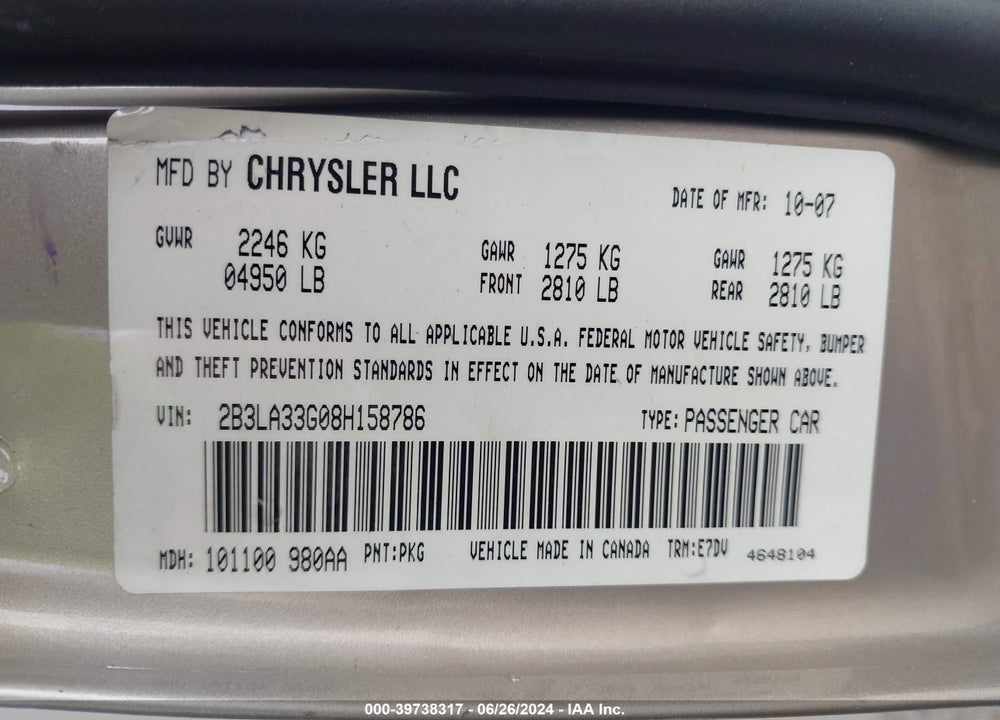 2008 DODGE CHARGER SXT VIN: 2B3LA33G08H158786