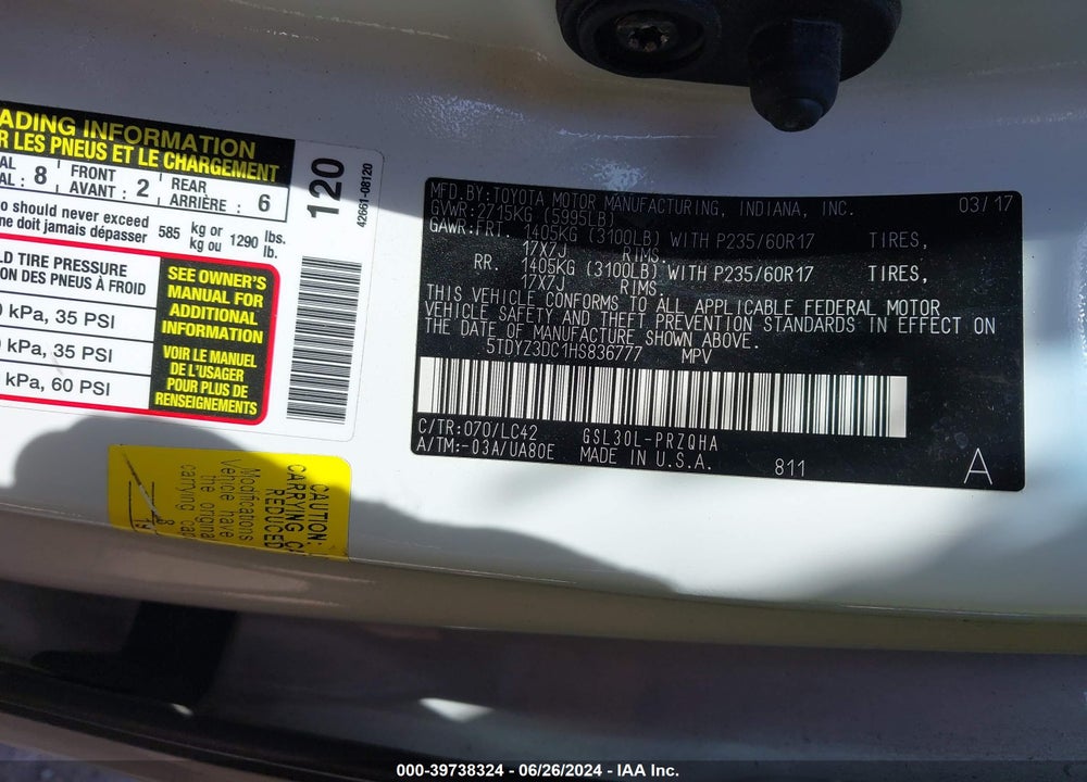2017 TOYOTA SIENNA VIN: 5TDYZ3DC1HS836777