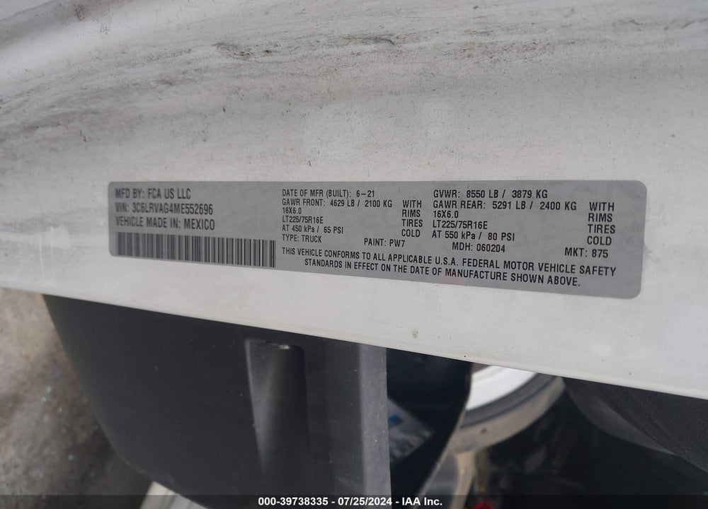 2021 RAM PROMASTER 1500 LOW ROOF 136 WB VIN: 3C6LRVAG4ME552696