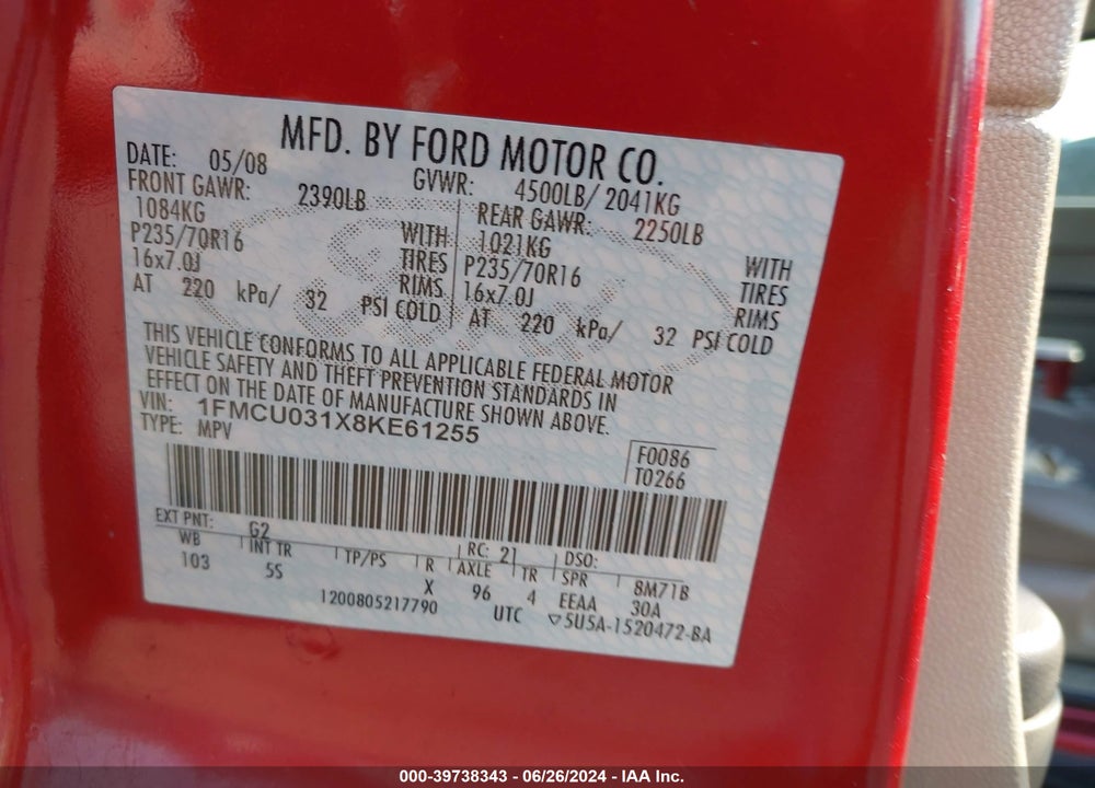 2008 FORD ESCAPE XLT VIN: 1FMCU031X8KE61255