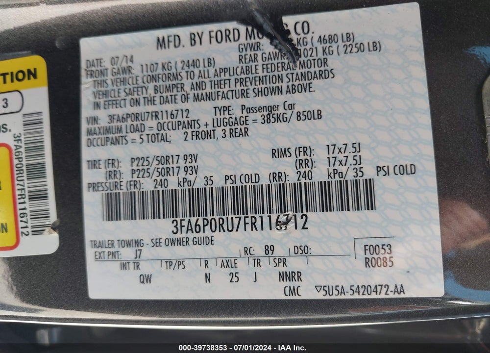 2015 FORD FUSION HYBRID TITANIUM VIN: 3FA6P0RU7FR116712