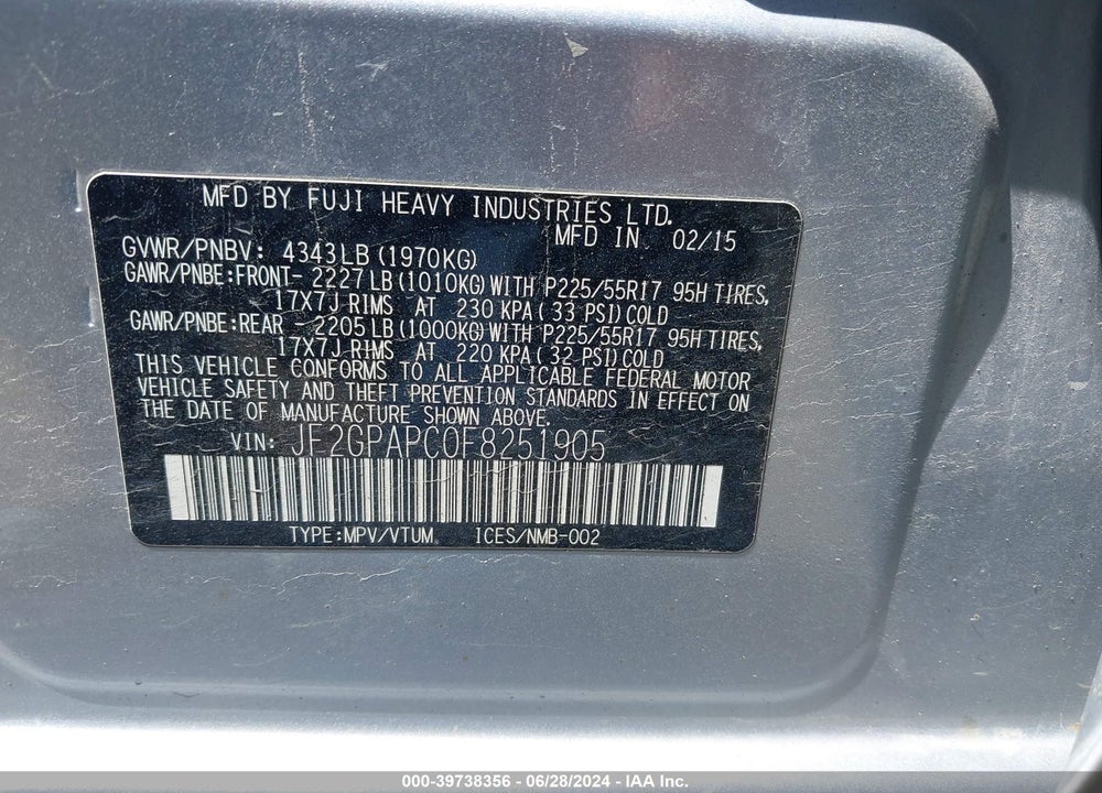 2015 SUBARU XV CROSSTREK 2.0I LIMITED VIN: JF2GPAPC0F8251905