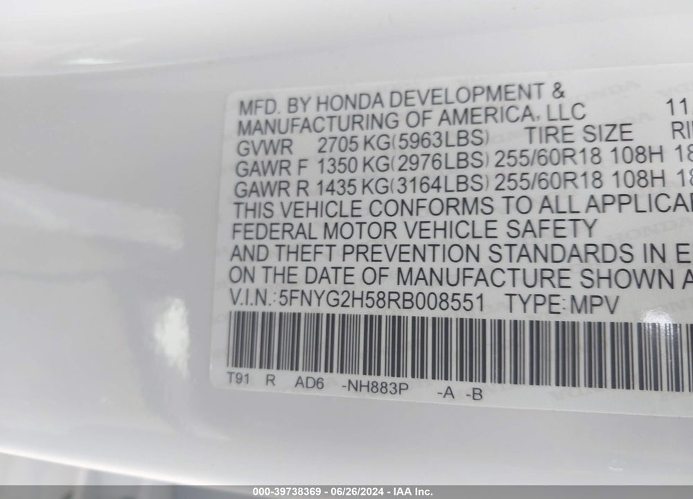 2024 HONDA PILOT 2WD EX-L 7 PASSENGER VIN: 5FNYG2H58RB008551