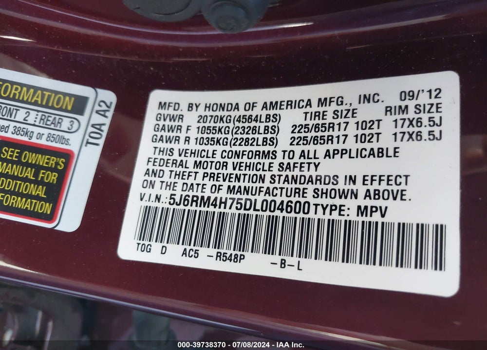 2013 HONDA CR-V EX-L VIN: 5J6RM4H75DL004600