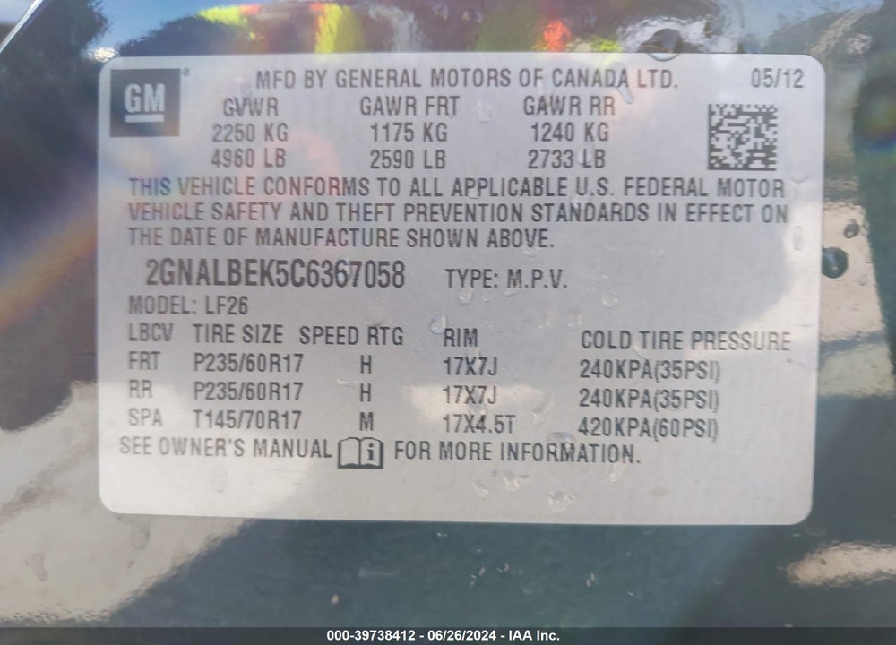 2012 CHEVROLET EQUINOX LS VIN: 2GNALBEK5C6367058