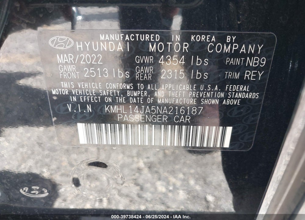 2022 HYUNDAI SONATA SEL VIN: KMHL14JA5NA216187